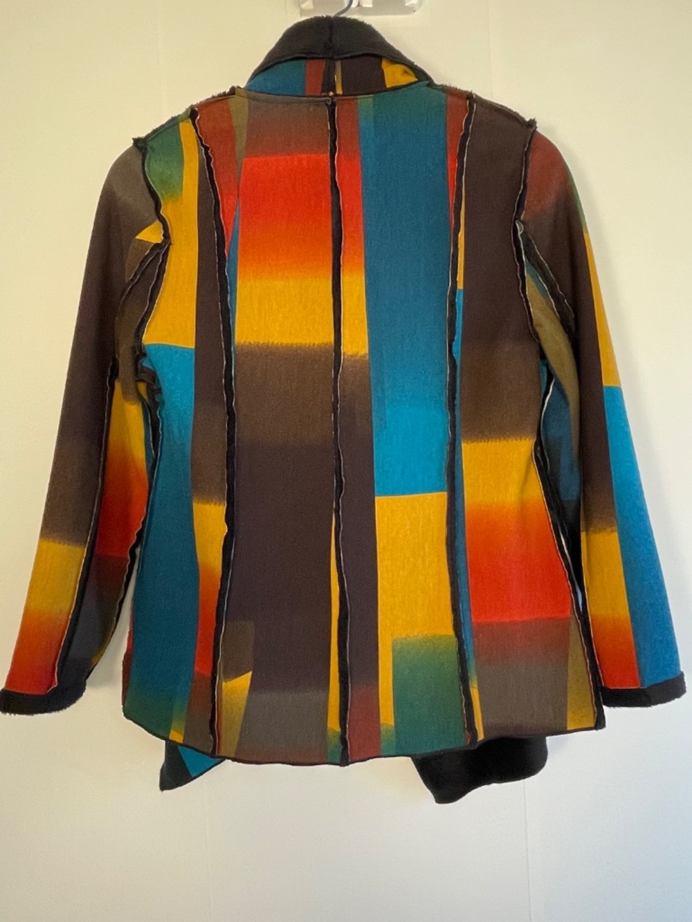 ADORE Patchwork Jacket Coat Open Front Fleece Collar Multicolor XL Boho Artsy - Picture 2 of 14